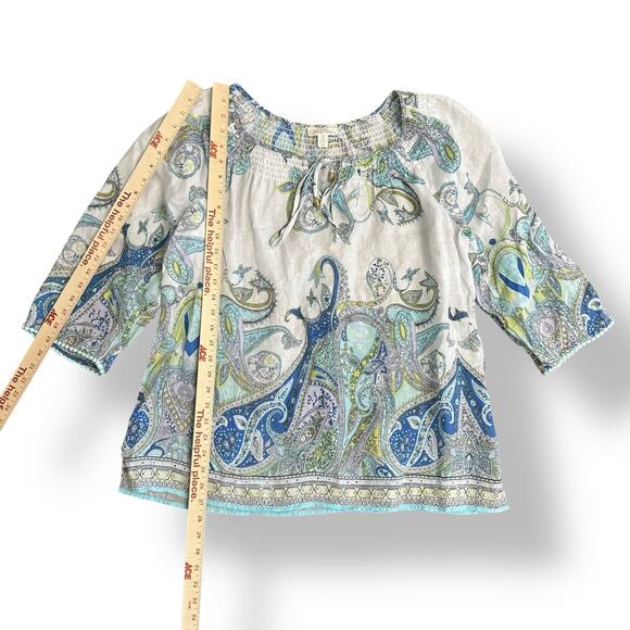 Charter Club Linen Paisley Peasant Top 1X White Blue Green 3/4 Sleeve Resort‎ - Picture 4 of 8